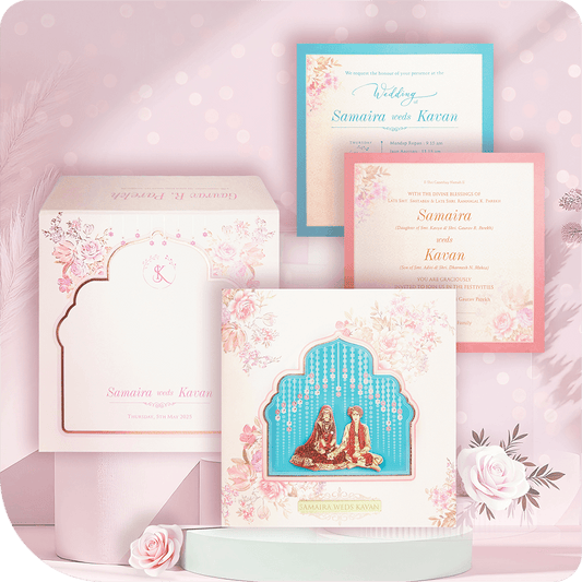 A 3D wedding invitation with a paste-up couple photo and gold acrylic elegance.