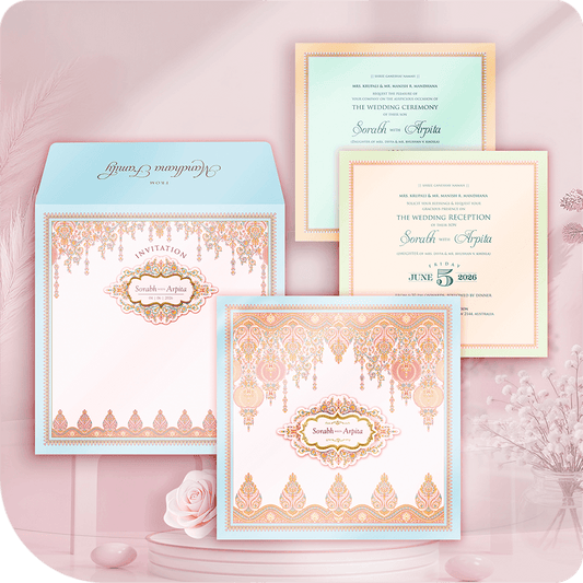 Premium imported paper wedding invitation, regal paisley damask frame, white 3D pasteup central nameplate, two-leaflet luxury South Asian Indian wedding card suite, auspicious traditional design, aesthetic stationery.