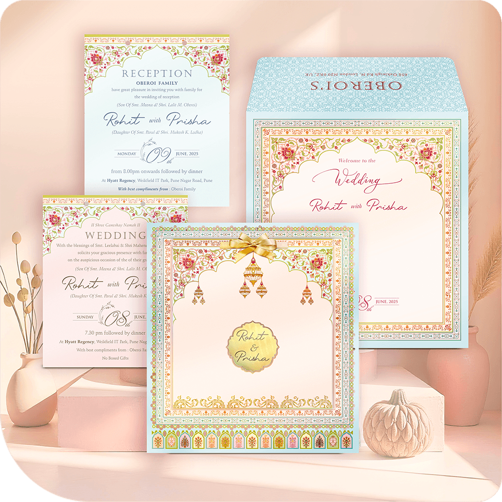 Blank luxury MDF wedding invitation base with Mogul Jharokha arch, gold foil, and vibrant red/green floral border design.