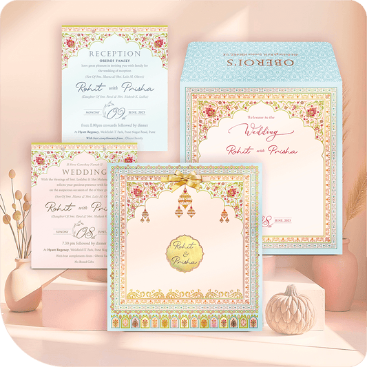 Blank luxury MDF wedding invitation base with Mogul Jharokha arch, gold foil, and vibrant red/green floral border design.