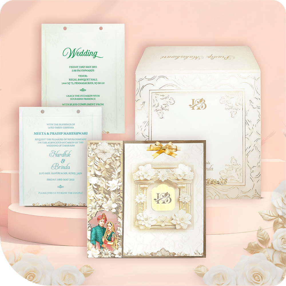 Ek shresht MDF vivaah patra, jo gairik aadhar par sone jaisi karigari se sajit hai. Paramparik phoolon ka alankaran aur shahi dampati chitra iske rajsi akarshan ko aur bhi badhata hai. Yeh bhavya nimantran patra shahi vivaah, rajwada utsav, aur paramparik shubh samaaroh ke liye vishesh roop se bana hai. Teen vishisht patrak ke saath yeh sanskritik aur aadhunik shaili ka adbhut sangam hai.