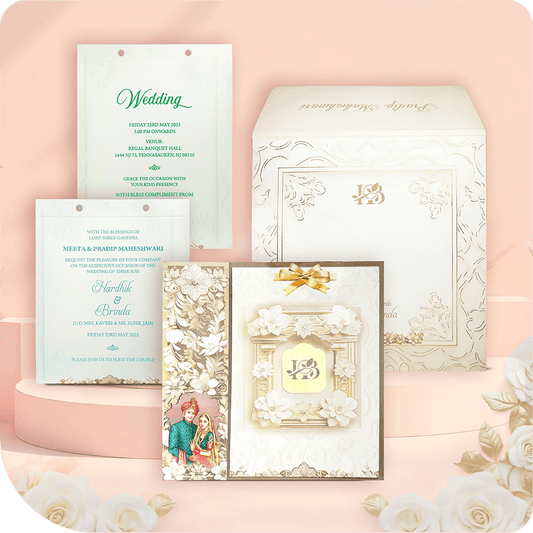 Ek shresht MDF vivaah patra, jo gairik aadhar par sone jaisi karigari se sajit hai. Paramparik phoolon ka alankaran aur shahi dampati chitra iske rajsi akarshan ko aur bhi badhata hai. Yeh bhavya nimantran patra shahi vivaah, rajwada utsav, aur paramparik shubh samaaroh ke liye vishesh roop se bana hai. Teen vishisht patrak ke saath yeh sanskritik aur aadhunik shaili ka adbhut sangam hai.