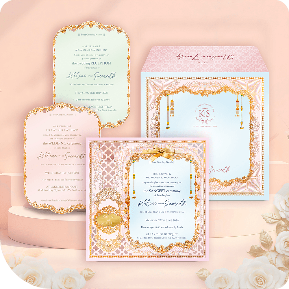 A luxury MDF wedding invitation suite with printing featuring pastel pink, blue, and green inserts with ornate gold foil borders, displayed with a matching designer envelope on a floral background.