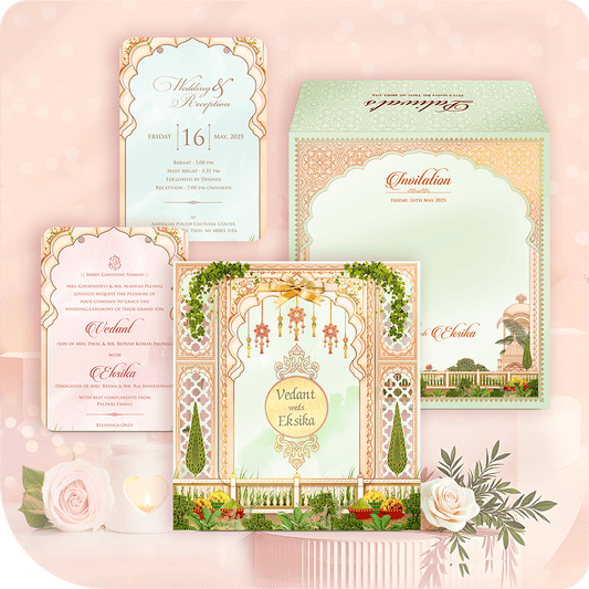 Luxury MDF wedding invitation suite with a garden theme, featuring a Mogul archway, topiaries, pastel green accents, and gold foil detailing.