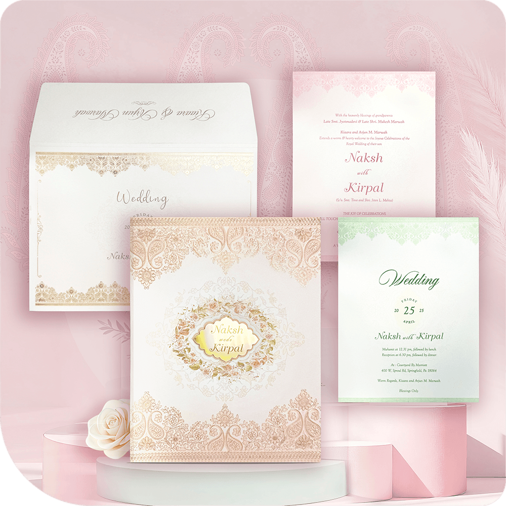 A tastefully crafted wedding invitation featuring a central acrylic element, surrounded by ornamental detailing—a harmonious blend of tradition and modern finesse. 