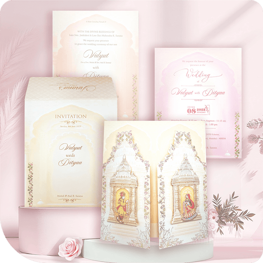 Dehleez of Love, Mangal Milan Ki Dehleez , A stunning door-style wedding invitation with a 3D paste-up couple, symbolizing love and new beginnings.