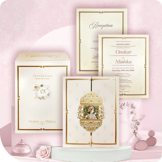 A luxurious door-style wedding card adorned with ornate details, exuding regal charm.