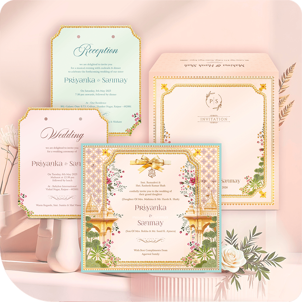 Premium laser-cut MDF wedding invitation boards in soft peach and mint green, featuring Mughal-style arch illustrations, botanical floral borders, and custom event typography with printing for an Indian marriage ceremony