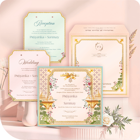 Premium laser-cut MDF wedding invitation boards in soft peach and mint green, featuring Mughal-style arch illustrations, botanical floral borders, and custom event typography with printing for an Indian marriage ceremony