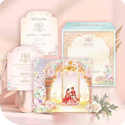 Luxury MDF wedding invitation suite featuring Hindu bride and groom on a floral swing, pastel blue/pink archway, and gold foil accents.