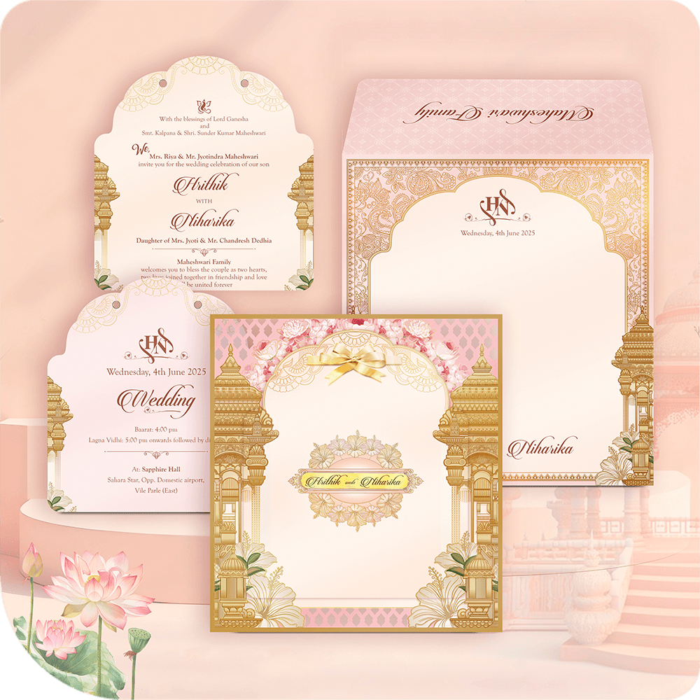 Elegant MDF wedding invitation suite with gold Mogul Mandap arch design, classical floral pattern, and Sangeet/Wedding inserts.