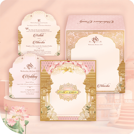 Elegant MDF wedding invitation suite with gold Mogul Mandap arch design, classical floral pattern, and Sangeet/Wedding inserts.