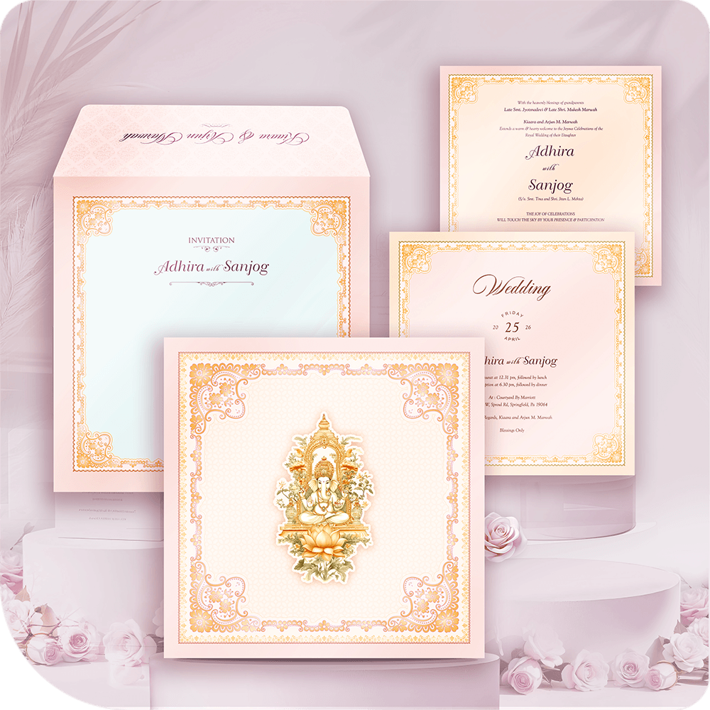 Premium imported paper wedding invitation with full 3D pasteup traditional central figure, intricate decorative border, two-leaflet luxury suite design.