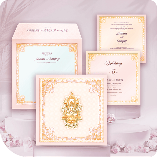 Premium imported paper wedding invitation with full 3D pasteup traditional central figure, intricate decorative border, two-leaflet luxury suite design.