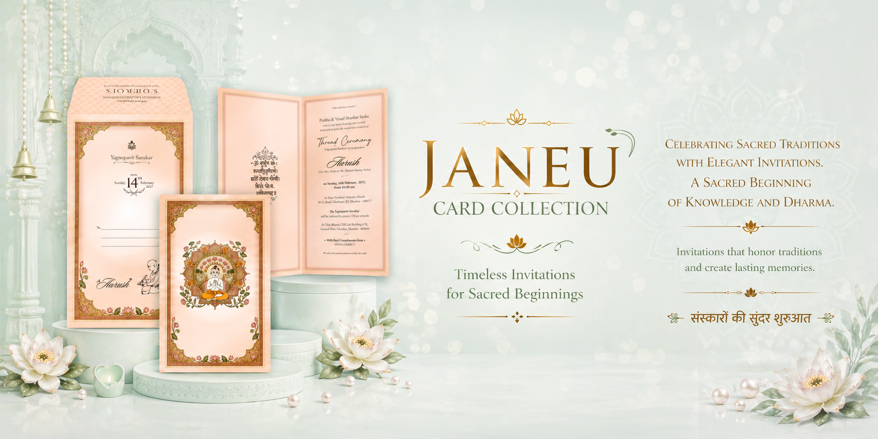 A premium array of traditional Yagnopavit Sanskar and Thread Ceremony invitations featuring Vedic art, lotus motifs, and ornate gold-toned temple borders.