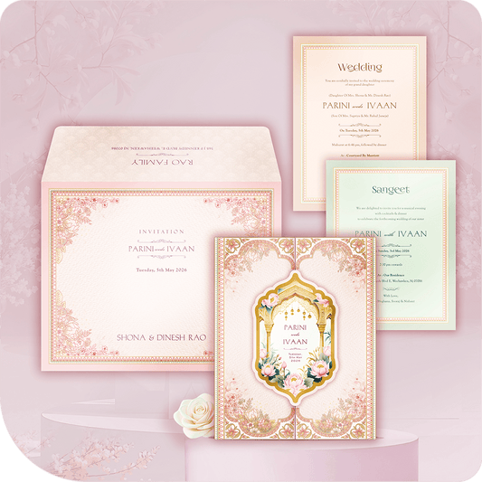 Premium imported paper wedding invitation, door-open style gatefold, 3D pasteup central gilded arch, watercolour lotus flowers, intricate carving, two-leaflet luxury South Asian wedding card suite.