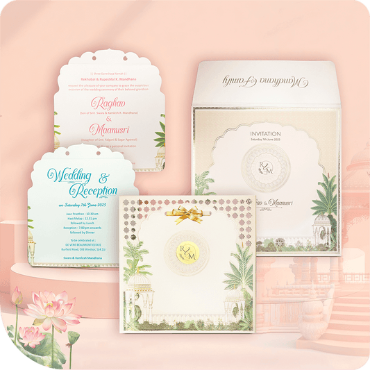 Pichwai Shailee thi sajayeli shreshth Lagnapatrika, je MDF Kathni Sundarta sathe ek shobhayman roop aape che. Shwet Patra Bhoomi upar Bagicha Prerit Aakriti ni najuk Soneri Nakashi che, je Rajwady Lagan Samaroh mate adhbhut che. Utkat Pichwai Aabhushan thi Vivah Utsav ne ek alaukik roop aape che, ane Mukhya Patrika sathe Triveni Patrika Prakaran samavist che. Dikri Putr Vivah mate sundar Smarnika Patrika, je Sanskrutik Utsav ne shobha aape che.