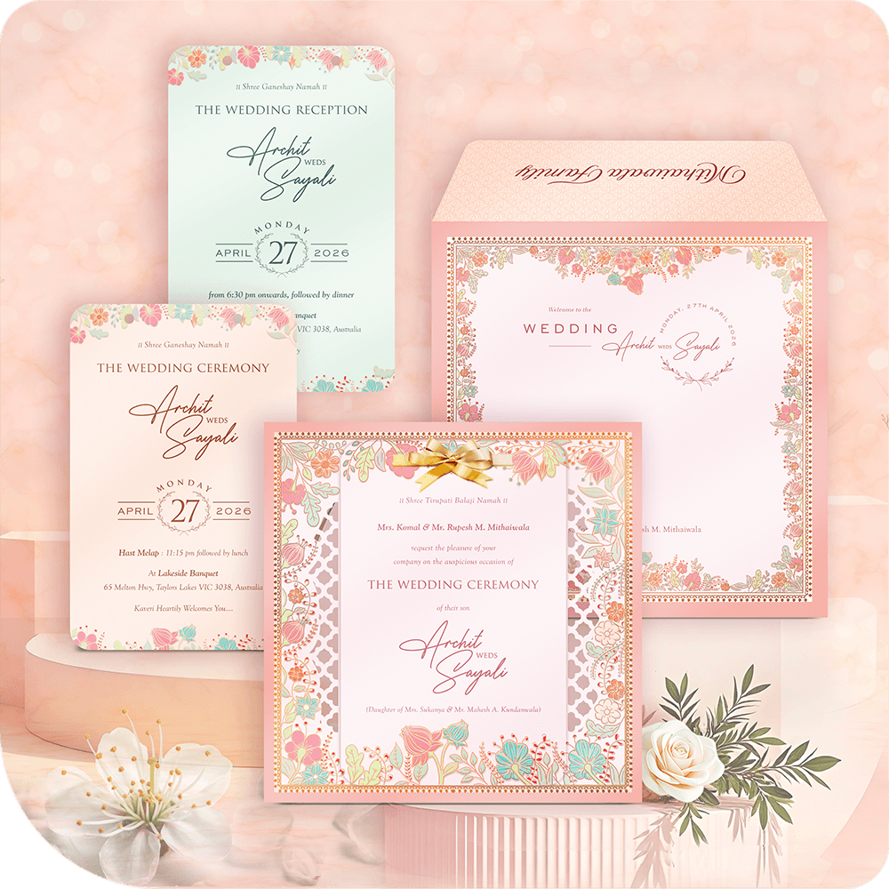 A luxury MDF wedding invitation set with printing featuring vibrant floral borders and laser-cut patterns in pastel pink and peach colors, shown with Ceremony and Reception inserts.