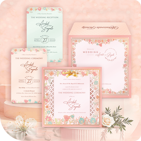 A luxury MDF wedding invitation set with printing featuring vibrant floral borders and laser-cut patterns in pastel pink and peach colors, shown with Ceremony and Reception inserts.