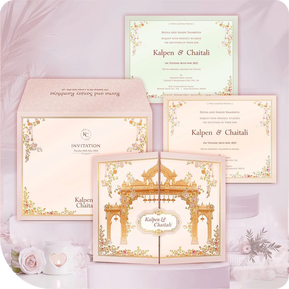 Luxury Mandap Gatefold Indian Wedding Invitation Card with printing. Traditional Hindu ceremony suite featuring a detailed gilded Mandap illustration, marigold florals, and a blush pink/sage green palette. Includes Wedding and Reception insert cards. Premium designer South Asian wedding stationery with full custom printing service.