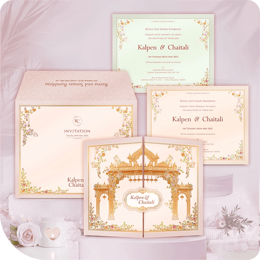 Luxury Mandap Gatefold Indian Wedding Invitation Card with printing. Traditional Hindu ceremony suite featuring a detailed gilded Mandap illustration, marigold florals, and a blush pink/sage green palette. Includes Wedding and Reception insert cards. Premium designer South Asian wedding stationery with full custom printing service.