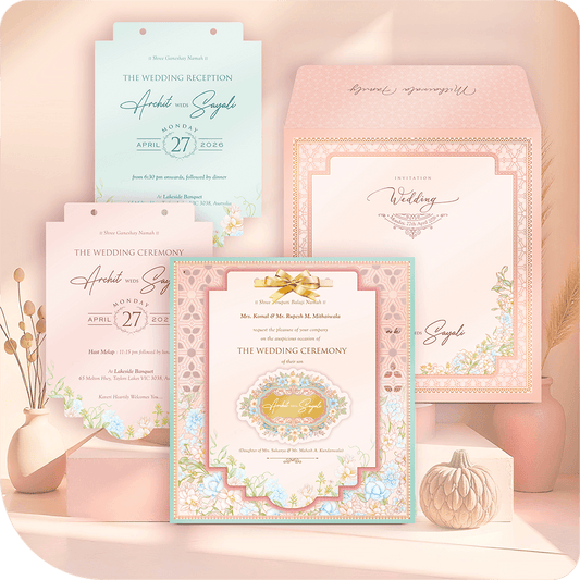 Luxury MDF wedding invitation card with printing featuring pastel pink and mint floral designs, gold ribbon, and custom printed inserts for wedding ceremony.