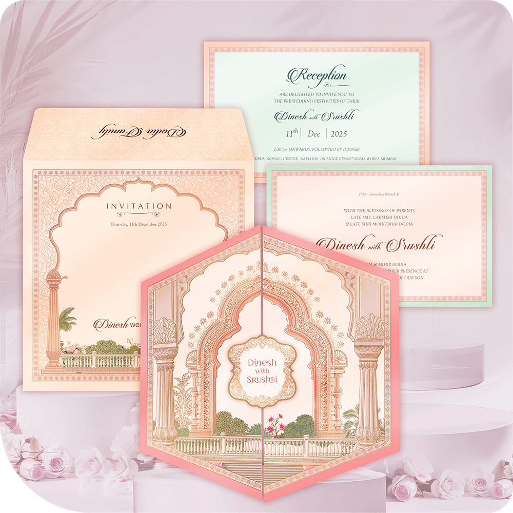 Intricate hexagonal wedding invitation design with central palace arch and column motif in soft peach and pink, printed on premium imported paper, luxury architectural stationery.