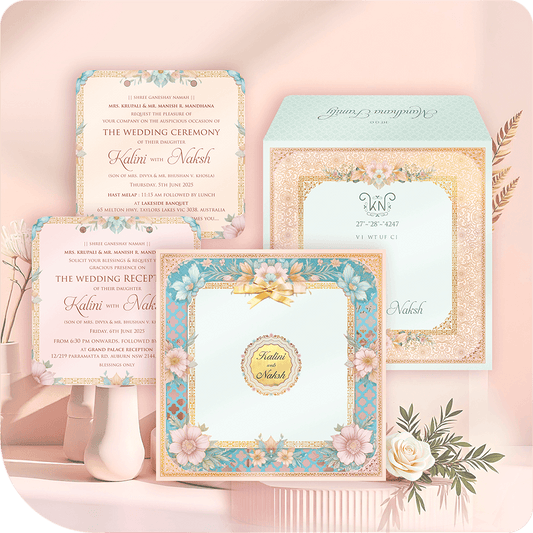 Luxury MDF wedding invitation suite in pastel blue, pink, and gold floral design with custom printed ceremony and reception card inserts.