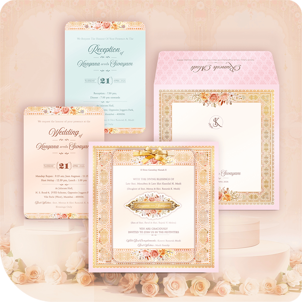 Premium pastel pink floral MDF wedding invitation card with custom printing featuring gold borders and elegant rose designs for a luxury Indian wedding.