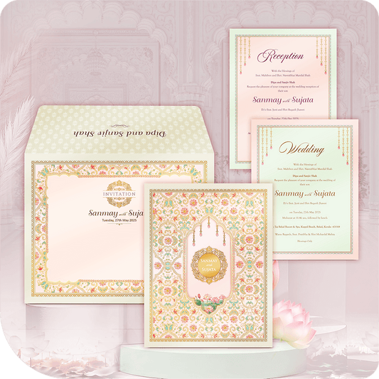 Premium imported paper wedding invitation, golden acrylic mirror nameplate, architectural niche, lotus cluster, ornate pattern, two-leaflet luxury South Asian wedding card suite.
