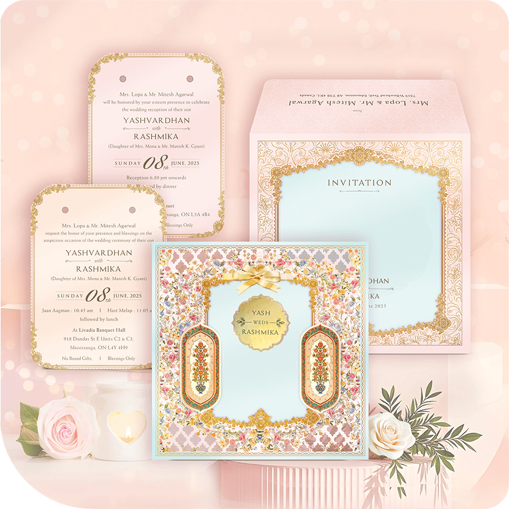 Blank Royal MDF wedding invitation base with blue center, vintage gold floral frame, and matching blank ceremony inserts.