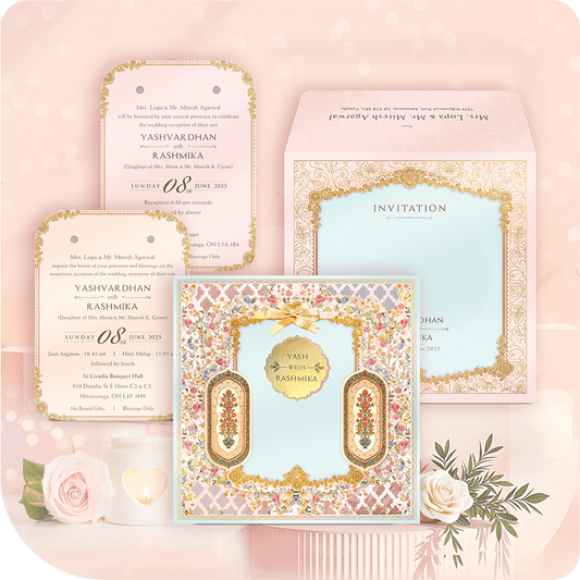 Blank Royal MDF wedding invitation base with blue center, vintage gold floral frame, and matching blank ceremony inserts.