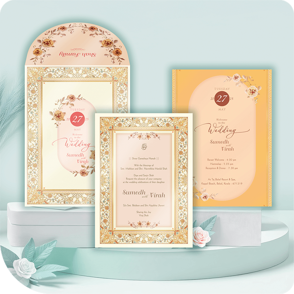 A gracefully designed wedding invitation featuring delicate floral karigari and gold detailing, exuding timeless elegance and cultural charm.