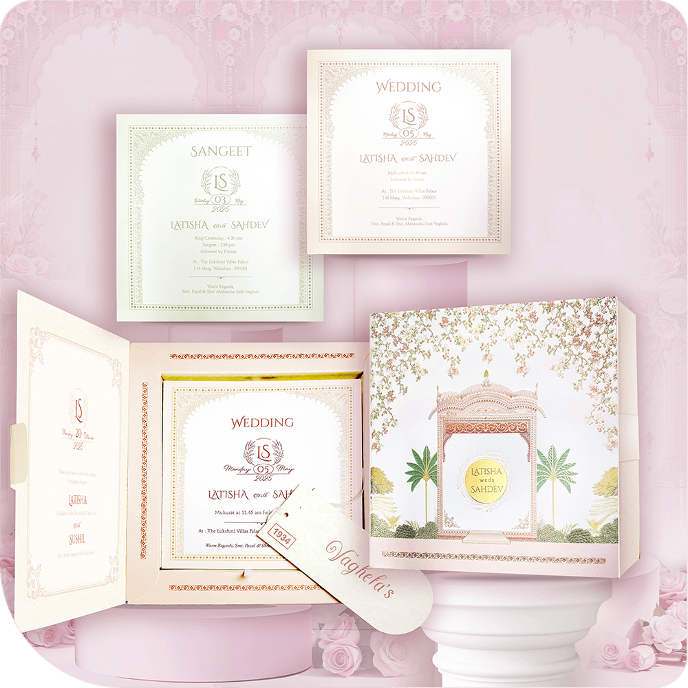 A royal-themed sweet box invitation with an acrylic centerpiece, radiating a shaandar vibe.