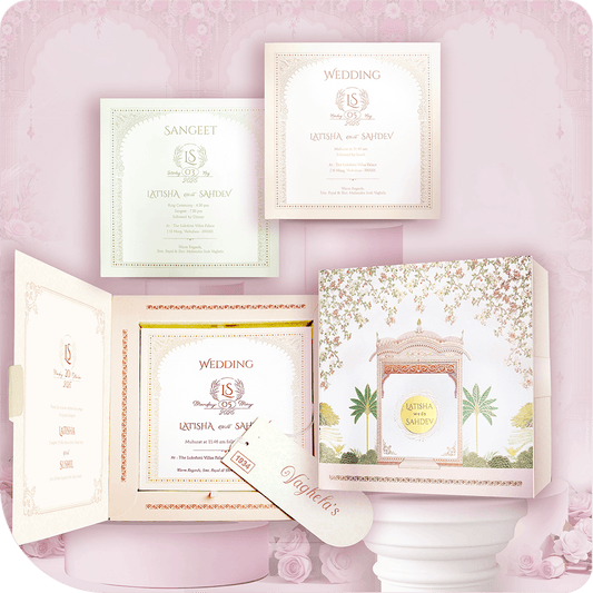 A royal-themed sweet box invitation with an acrylic centerpiece, radiating a shaandar vibe.