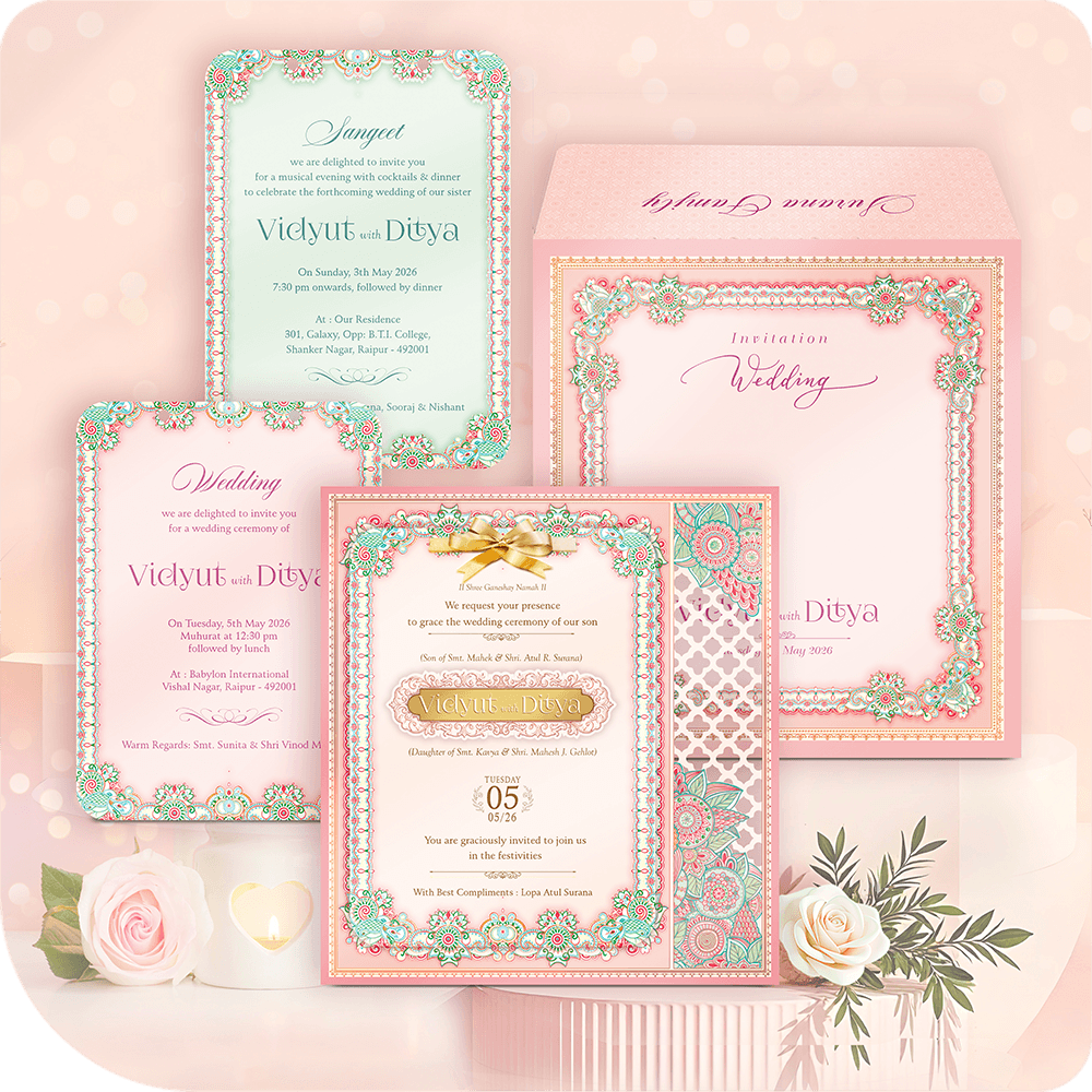 Luxury MDF floral Indian wedding invitation card set in pastel pink and mint green with custom gold foil printing, featuring traditional floral borders and laser-cut patterns for a Hindu marriage ceremony.