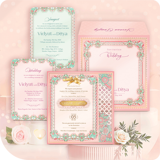 Luxury MDF floral Indian wedding invitation card set in pastel pink and mint green with custom gold foil printing, featuring traditional floral borders and laser-cut patterns for a Hindu marriage ceremony.
