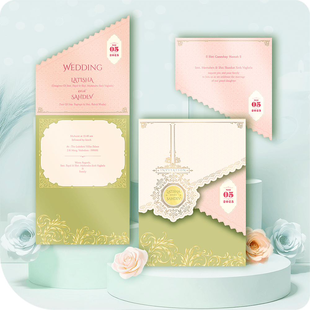 A uniquely crafted wedding card with a modern heritage fusion, featuring asymmetrical cutwork, soft pastel color tones, and intricate gold detailing for an elegant touch.