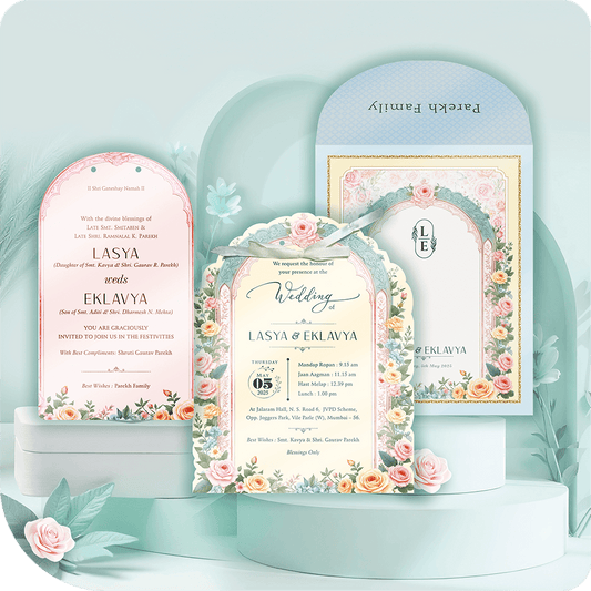 A beautifully crafted floral-themed wedding invitation with pastel roses, intricate golden details, and an elegant arch-window design, evoking romance and sophistication.