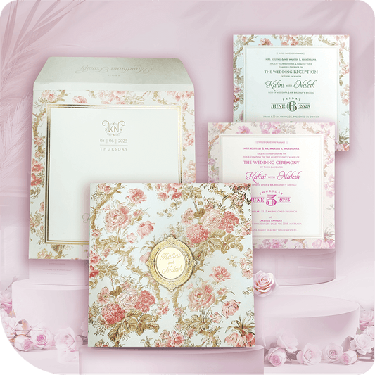 A full-floral wedding invitation with an acrylic glass centerpiece, radiating grace and elegance.