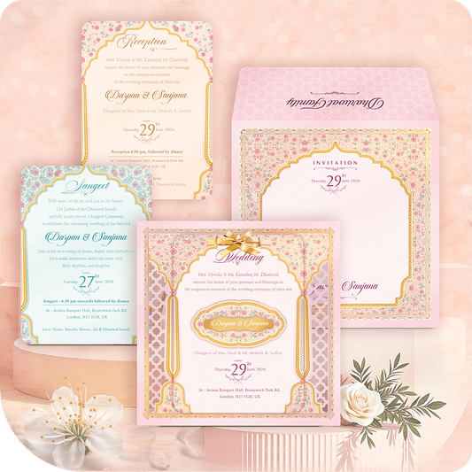 Luxury pastel pink and mint green MDF wedding invitation card set, featuring intricate floral patterns, gold borders, and custom printing for Sangeet, Wedding, and Reception events