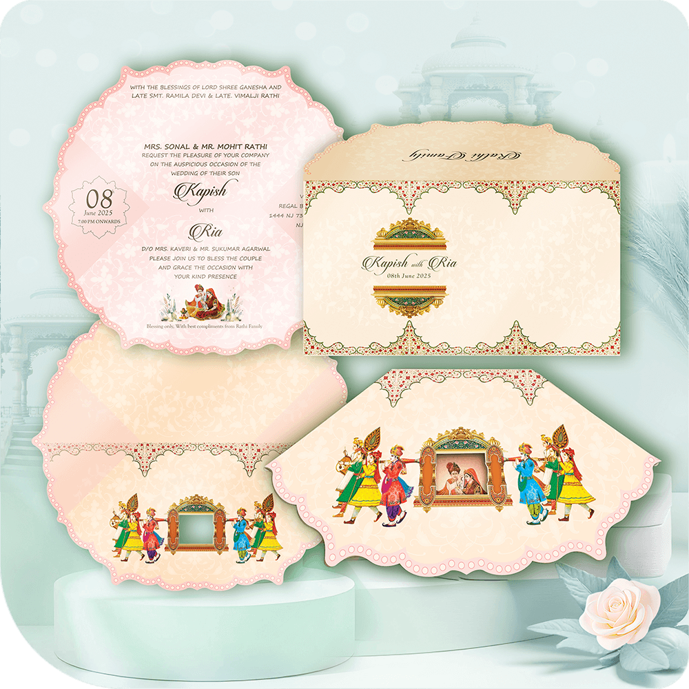 Ek shahi baraat theme shaadi patra jo rajwada sanskriti ki bhavyata ko darshata hai. Palki yatra ka manohar chitran, sona mudran alankaran, scalloped kinare, aur paramparik kalatmak abhivyakti is patrike ko ek anokha aur bhavy roop pradaan karte hain. Rajputana, Peshwai, aur Maharaja shaadiyon ke liye vishesh roop se nirmit yeh lagan patrika ek shreshth aur paramparik sparsh deti hai.