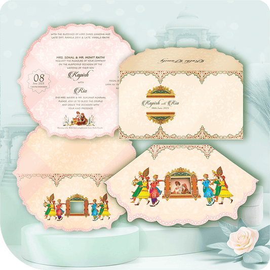 Ek shahi baraat theme shaadi patra jo rajwada sanskriti ki bhavyata ko darshata hai. Palki yatra ka manohar chitran, sona mudran alankaran, scalloped kinare, aur paramparik kalatmak abhivyakti is patrike ko ek anokha aur bhavy roop pradaan karte hain. Rajputana, Peshwai, aur Maharaja shaadiyon ke liye vishesh roop se nirmit yeh lagan patrika ek shreshth aur paramparik sparsh deti hai.