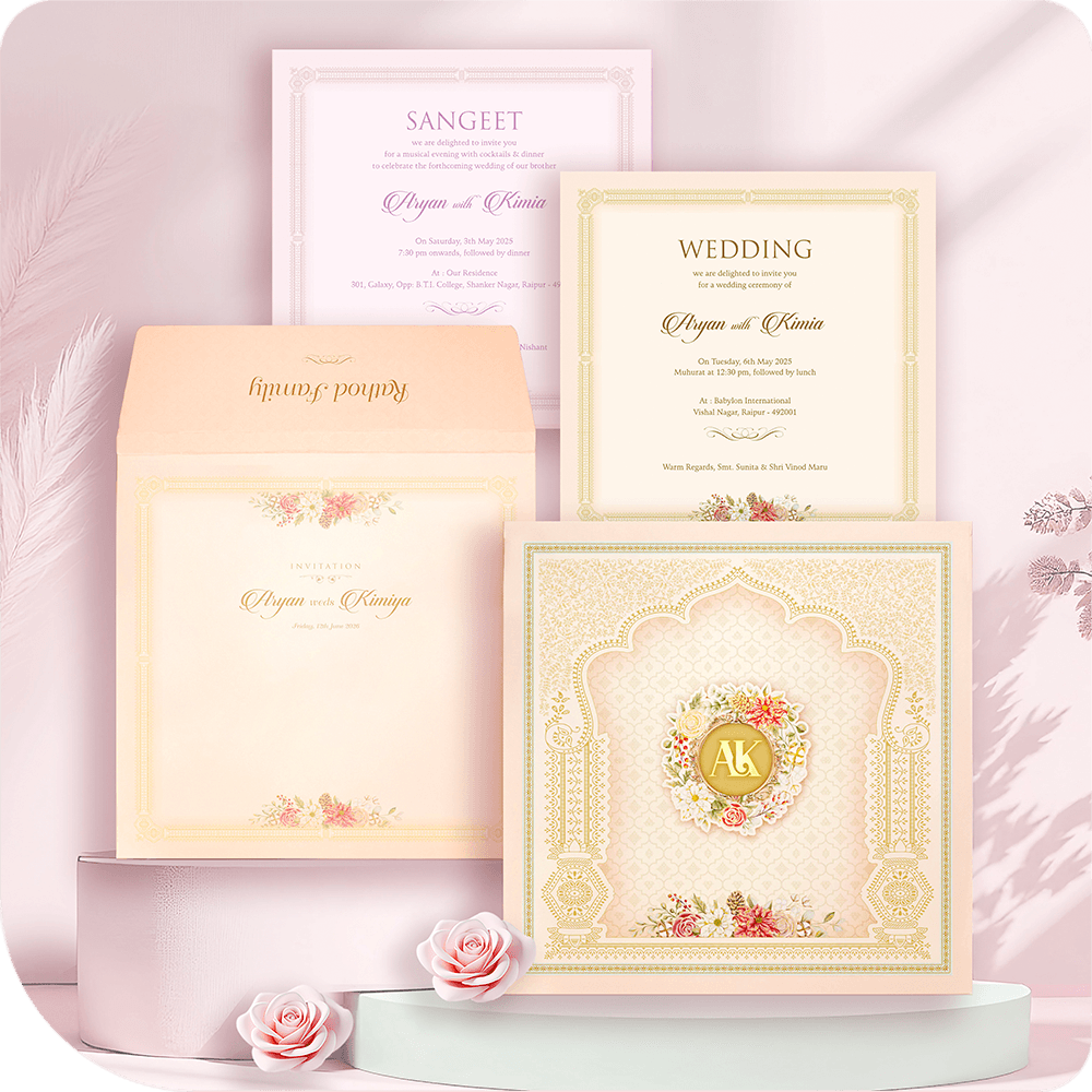 Premium imported paper wedding invitation, gleaming golden acrylic mirror nameplate, opulent floral monogram wreath, archway frame, two-leaflet luxury South Asian wedding card suite.