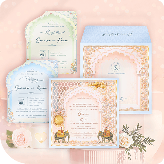 Royal blue and peach MDF wedding invitation card with printing, featuring an elephant theme, Mughal arch design, and a 3D gold ribbon embellishment