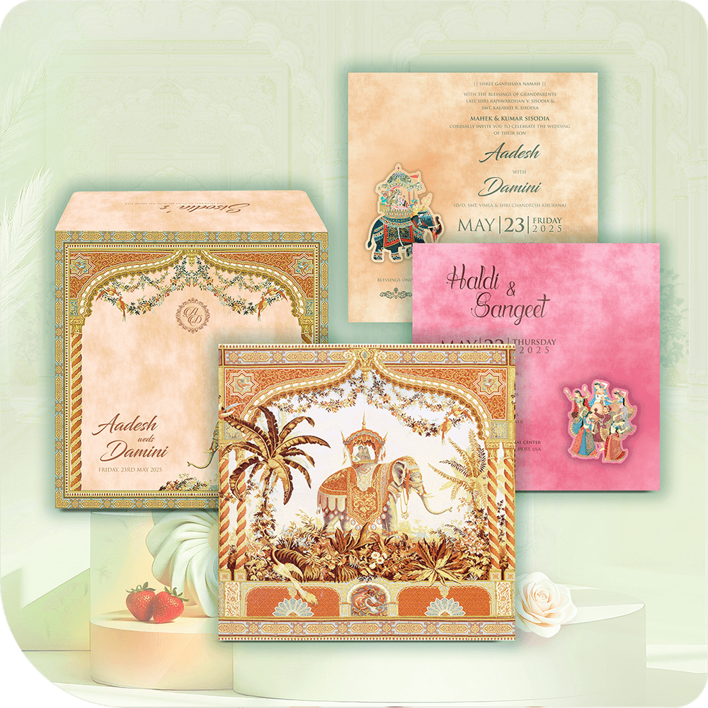 Experience the grandeur of a royal celebration with the Regal Union wedding card, featuring an elegant gold foil elephant motif symbolizing love, prosperity, and new beginnings. Surrounded by intricate floral artwork, this luxurious wedding invitation combines traditional heritage and timeless beauty. The card includes two premium inserts for wedding details, and comes in a sophisticated carry bag, making it the perfect keepsake for a royal or traditional wedding. Crafted with cultural richness and attentio