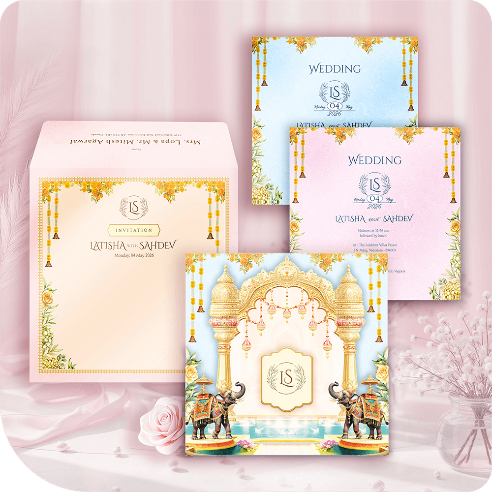 Premium imported paper wedding invitation, monumental gilded archway, 3D pasteup monogram plaque, traditional elephants motif, two-leaflet luxury South Asian wedding card suite.
