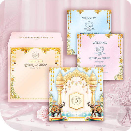 Premium imported paper wedding invitation, monumental gilded archway, 3D pasteup monogram plaque, traditional elephants motif, two-leaflet luxury South Asian wedding card suite.
