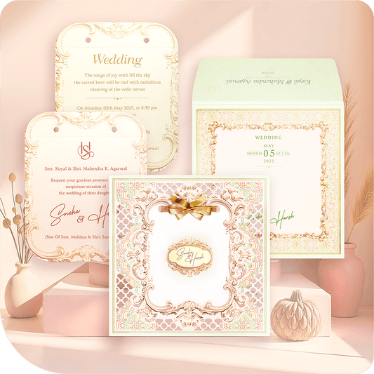 A masterpiece of elegance, this MDF wedding invitation is designed with a distinctive artistic pattern, infused with lavish gold embellishments for a regal touch. The three inserts are centrally aligned, providing a sophisticated presentation that enhances the luxurious appeal. The combination of ornate gold accents and intricate craftsmanship creates an invitation that radiates grandeur and exclusivity