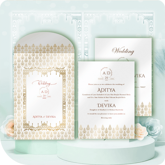 A royal gold wedding invitation featuring an intricate arch frame on an elegant ivory base, enhanced with rich gold detailing for a regal touch.